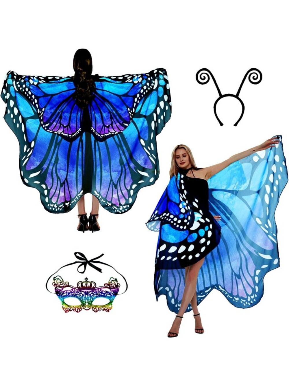 Women's Adult Butterfly Costume Monarch Butterfly Wing Cape 3Pcs Mask Halloween3